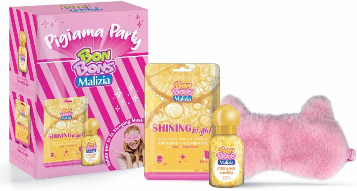 Malizia Bon Bons Set Regalo Bambina Pigiama Party Vanilla Maschera Viso- Profumo Eau De Toilette Spray 50 Ml e Maschera per Dormire