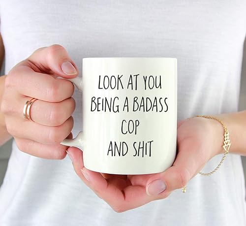 Miniatura 3 de Andaz Press Taza de café divertida de 11 onzas, regalo con texto en inglés "Look at You Being a Badass Cop and Shit", paquete de 1, incluye caja de