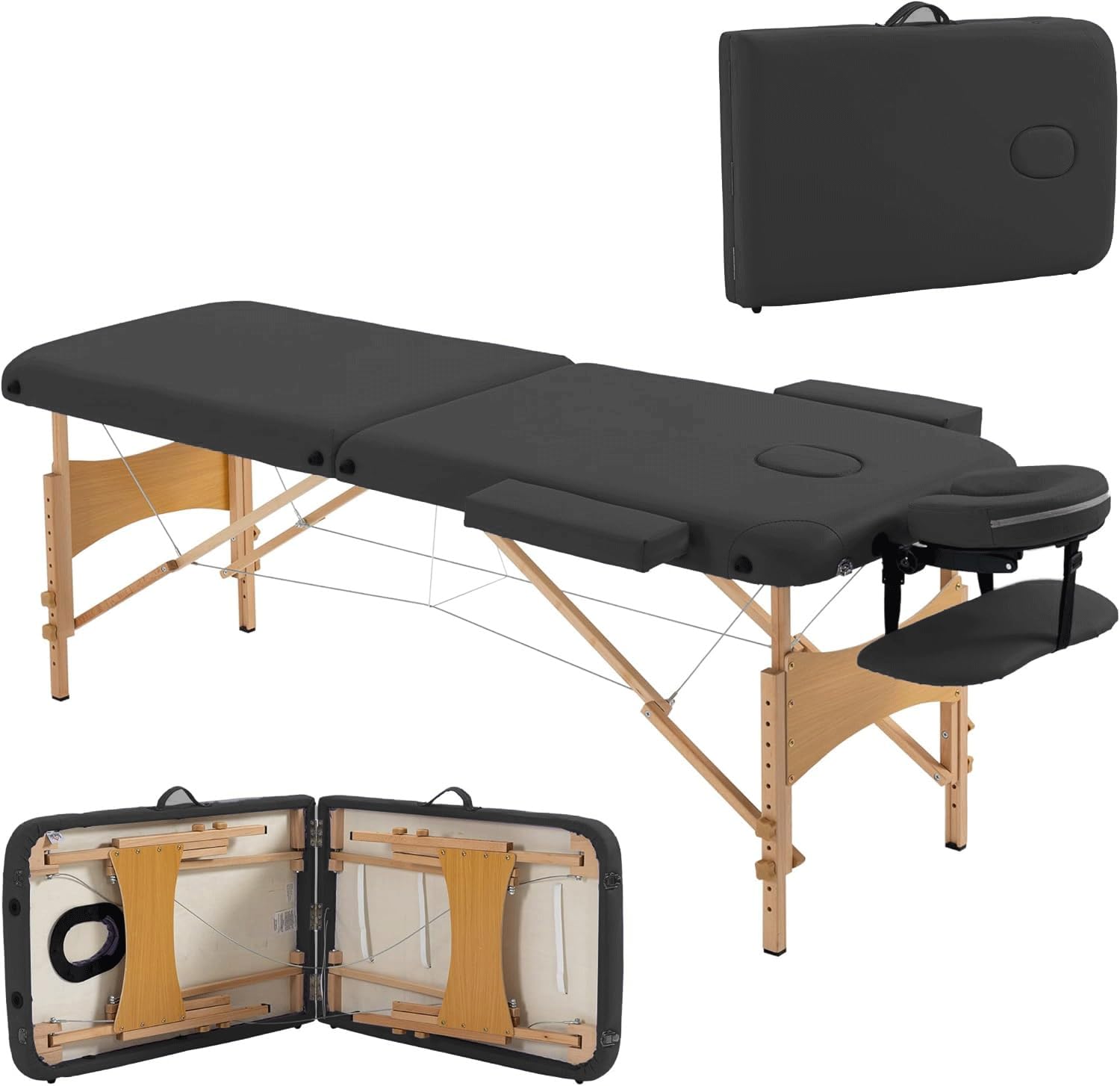 Lettino Da Massaggio Portatile - Lettino Estetico Pieghevole A 3 Sezioni Con Poggiatesta Regolabile, Braccioli E Borsa | Per Trattamenti Estetici, Tatuaggi E Terapia(Black,185 * 70 * 78cm)
