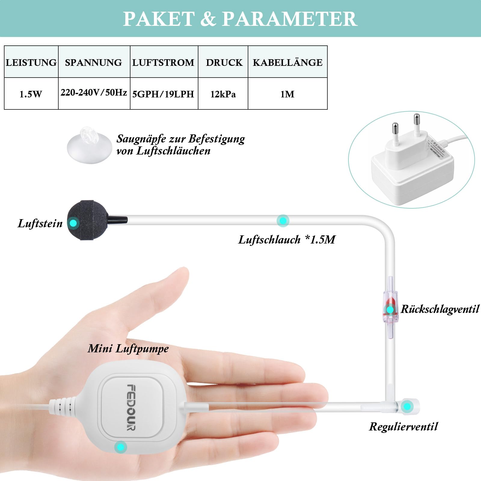 FEDOUR Nano cicha pompka powietrza do akwarium, mini pompka powietrza do akwariów, pompa tlenowa do akwariów do 80 l Betta, akwarium nano