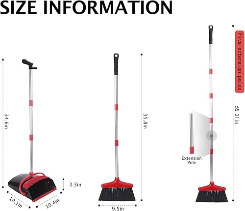 Miniatura 2 de XXXFLOWER Juego de escoba y recogedor con mango largo, postes de acero inoxidable ligero de soporte vertical con escoba combo para el hogar, cocina,