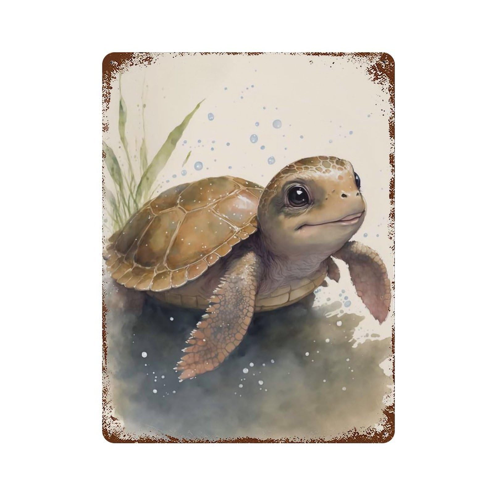 Cute Baby Turtle Painting 15.7"x11.8" Distressed Metal Wall Sign, Retro Wall Decor for Garage, Bar And Workshop Decor