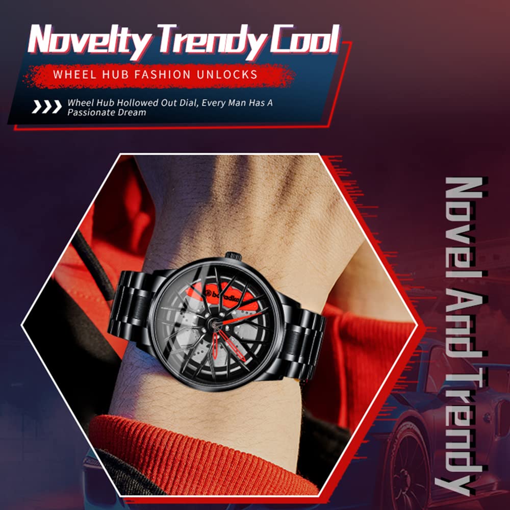 BOYADKA Car Watches for Men, Car Wheel Watch with Japanese Quartz Movement, Stainless Steel Waterproof Wrist Watch with Car Rim Hub Racing Design for Car Enthusiast