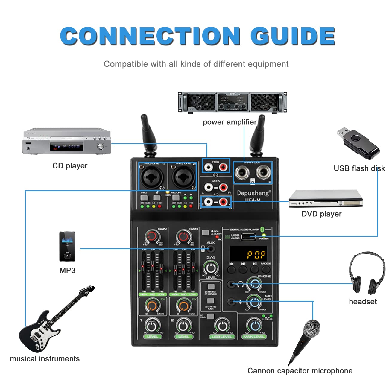 Depusheng UF4-M Studio Audio Sound Mixer Board - 4 canali Bluetooth compatibile Professional Portable Digital DJ Mixing Console con microfono wireless - Mixing Board per la registrazione in studio