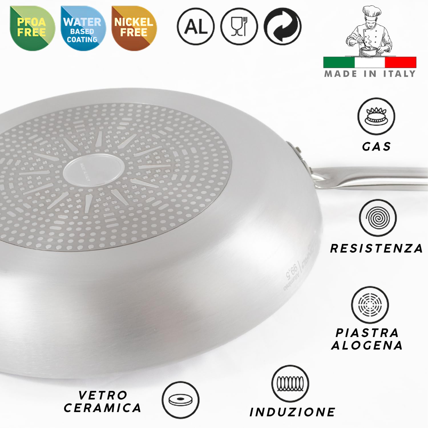 MOHOME Padella Alluminio Professionale Induzione Made in Italy Manico Acciaio Inox Ø 32 cm Pentola Fondo Basso Rotonda Altezza 5,2 cm Piano Cottura Grill Fornello Gas Forno