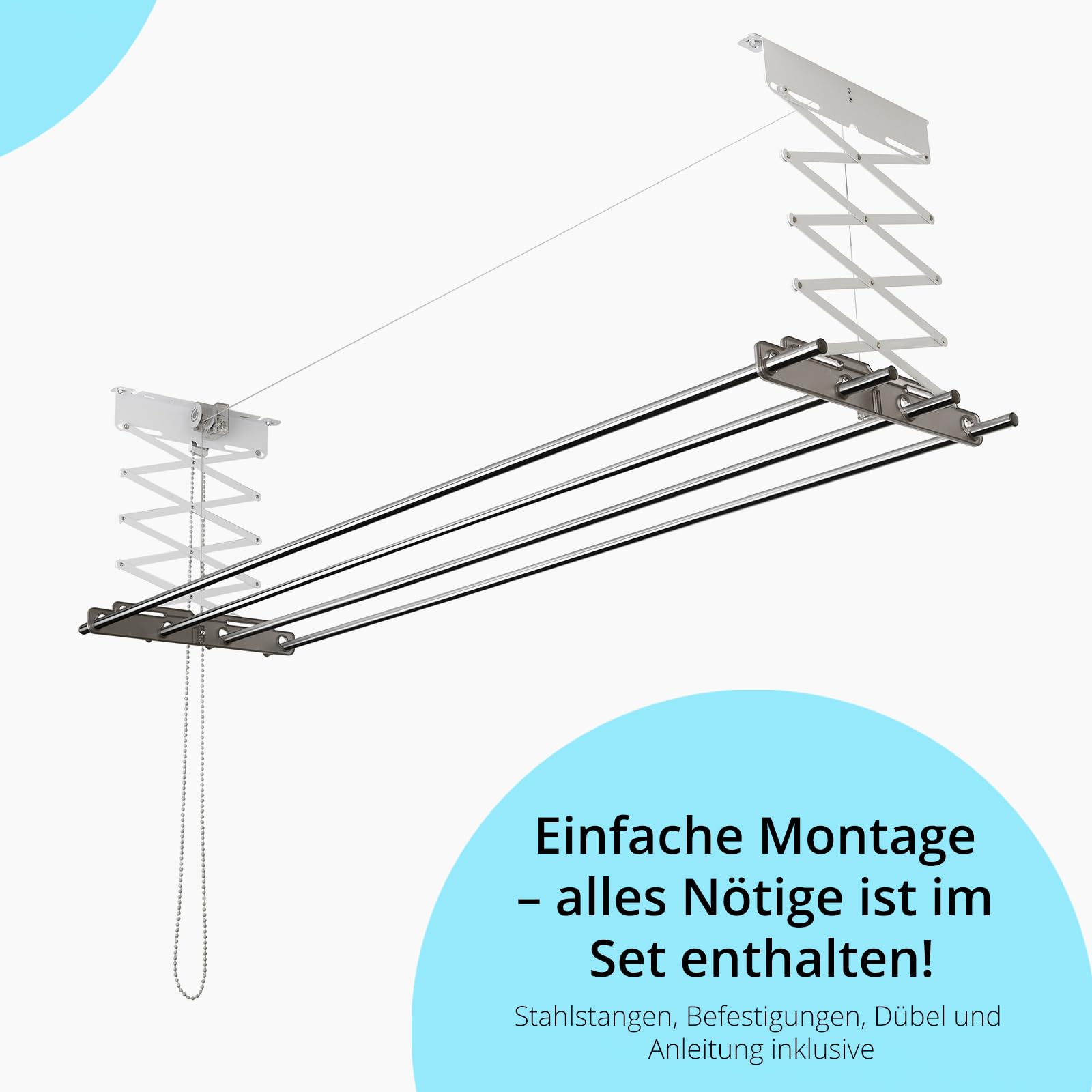 wellex Deckenwäschetrockner 4 x 180 cm Edelstahlrohre mit Halterungen Wäschetrockner für die Decke Tragkraft bis 20 kg Silber