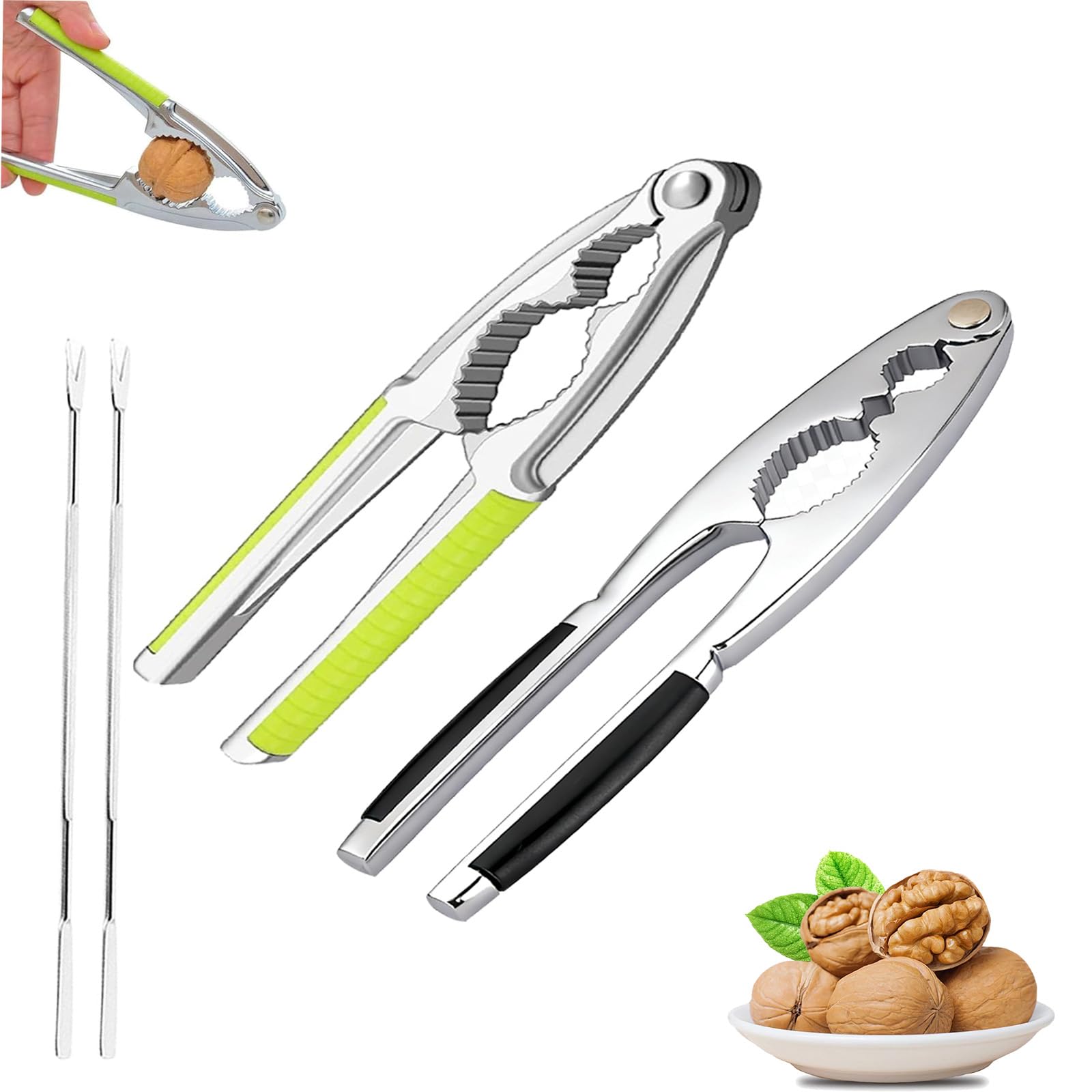 Nussknacker Walnüsse 2 Teiliges Set Metall Knacker Walnussknacker, Haselnussknacker Nussmeister, Nussknacker Schwarzem Grünem Griff für Küche und Haushalt, Inklusive 2 Nadeln für Präzises Knacken