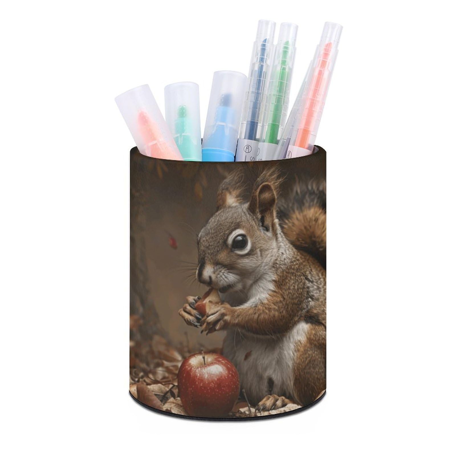 KLOPH PU Leather Pen Holder for Desk, Aesthetic Pencil Cup for Desktop, Makeup Brush Srotage for PenOrganizer Office Supplies, A Squirrel Eats Pen Cup Pencil Caddy for Home Art Supply