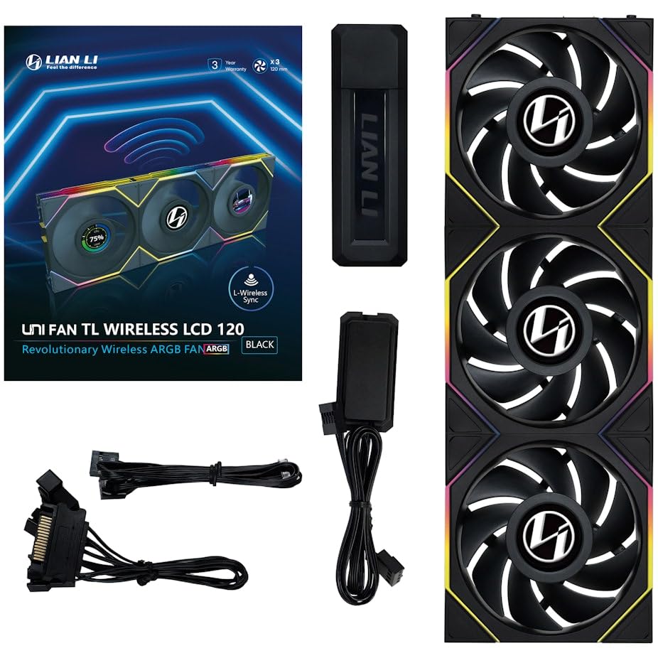 Lian Li UNI FAN TL Wireless LCD PC Fan 120mm RGB – 3-Pack Gaming PC Fans Black | PWM Fans - 26 ARGB LEDs - Up to 1,900 RPM - Daisy Chain - High Airflow - Low Vibration - Silent - Infinity Mirror