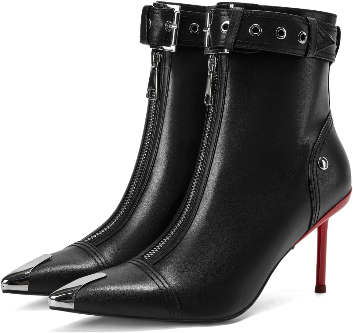 Women's Fashion Metal Pointed Toe Heel Boots Sexy Zip Ankle Stilettos Booties with Strap Buckle Party Dress High Heels for Women