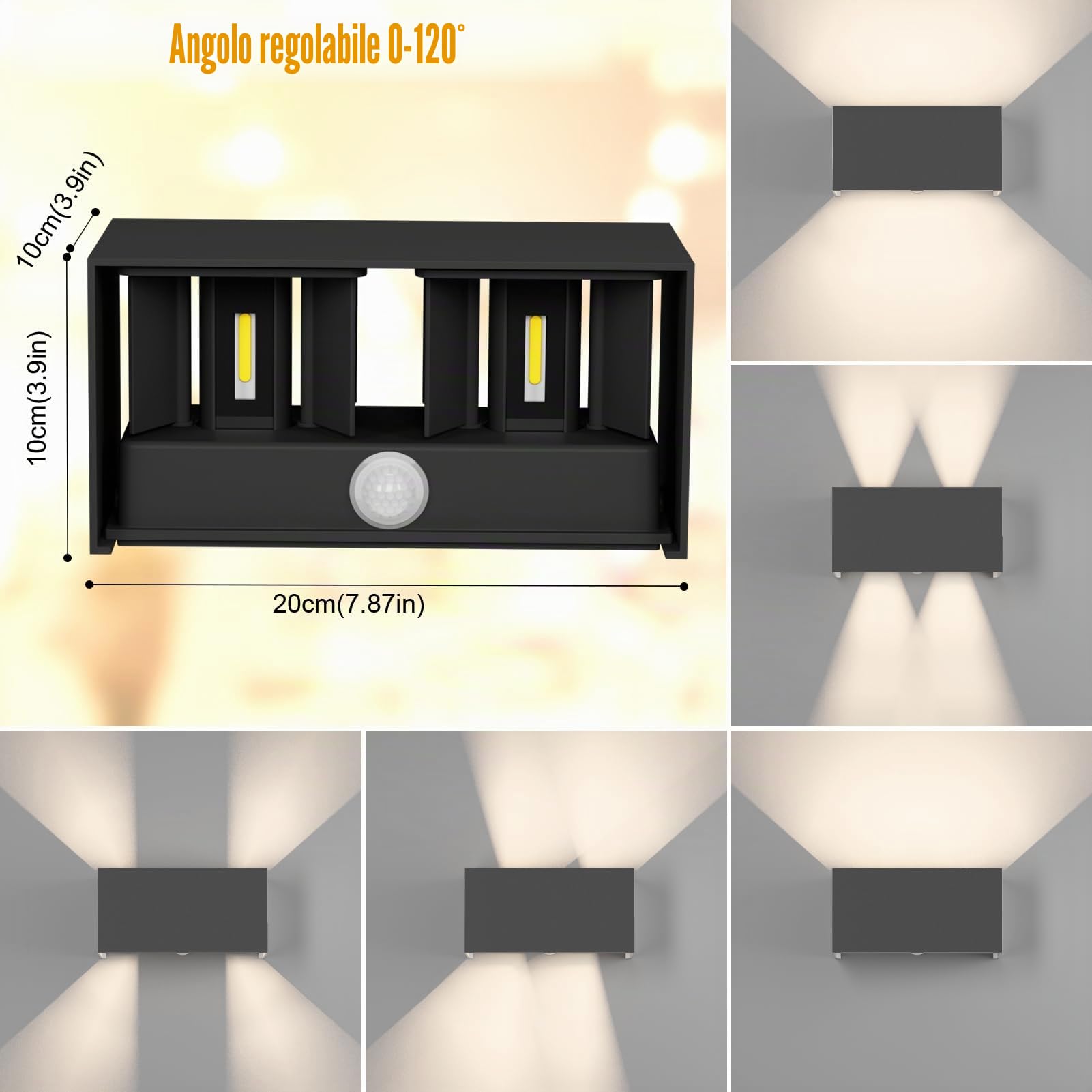 Klighten Lampada da esterno,24W Applique da Parete con sensore di movimento per luci esterni/interni Lampada da parete con fascio regolabile IP65 Impermeabile 4000K,Nero