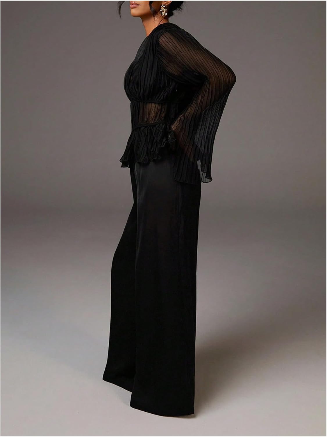 SOLY HUX Women's Mesh Long Sleeve Top Deep V Neck See Through Peplum Blouse Shirts Date Night Outfit - Image 5