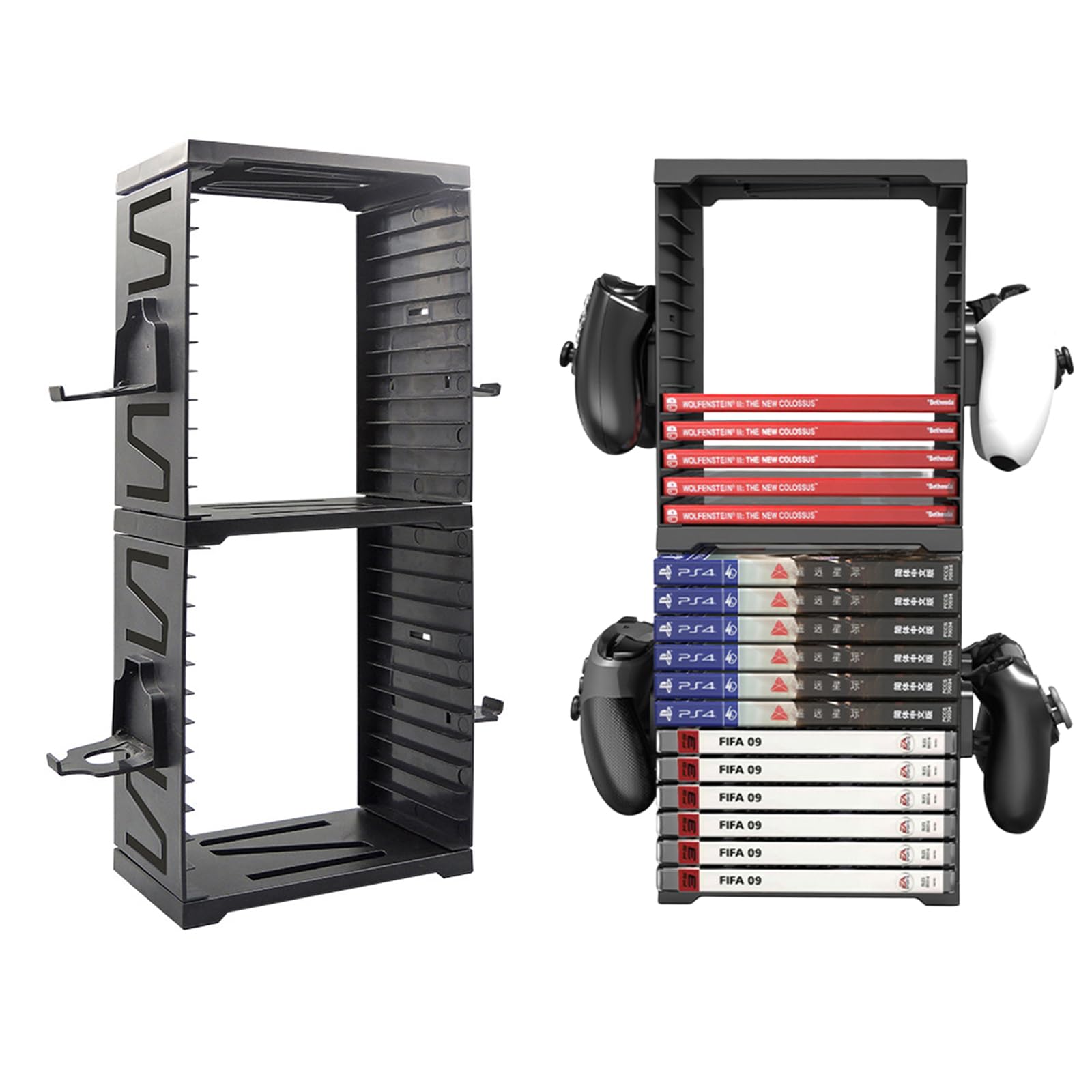 Torre de Almacenamiento de Videojuegos, Doble Capa Estante de Disco para Videojuegos de 24 Rejillas, con 4 Soportes para Controladores para Controladores para PS5, PS4