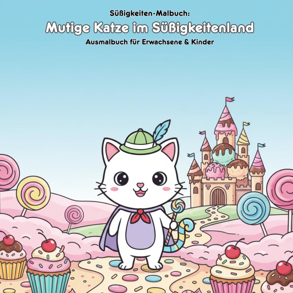Mutige Katze im Süßigkeitenland: Geschichte & Malbuch: Für Erwachsene & Kinder: 36 Ausmalbilder, 21.59 x 21.59 cm - Große Motive für kleine Künstler in einer Zuckerwelt!