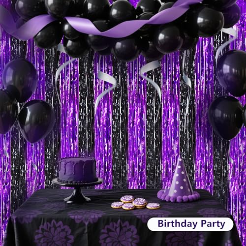 Image of BEISHIDA Black Purple Door Streamers Backdrop Foil Fringe Tinsel Party Streamers Curtains Photo Backdrop - 2Pcs for Birthday Graduation Halloween Party Decoations