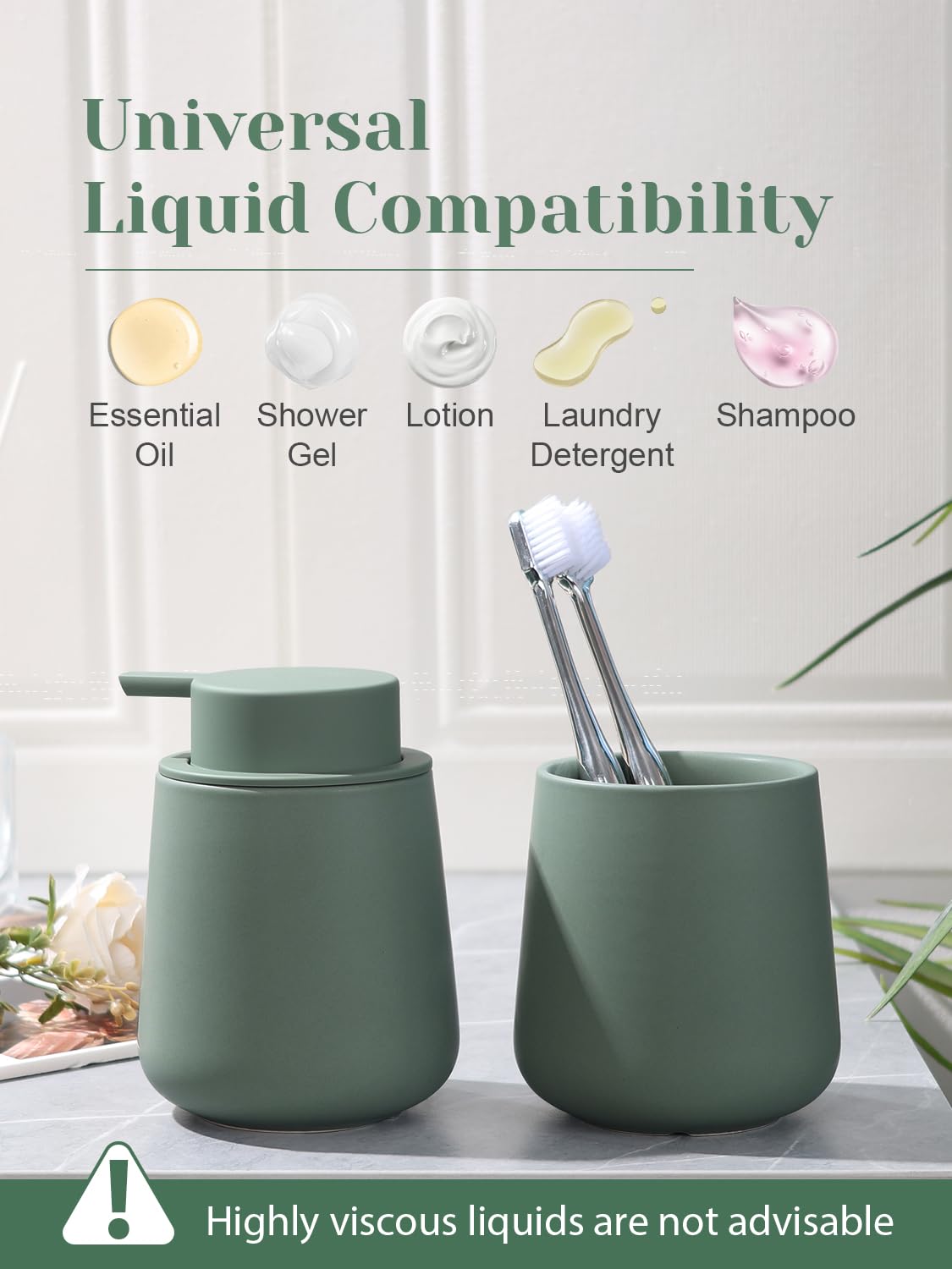 Dispenser di sapone liquido in ceramica per cucina – Dispenser di sapone liquido ricaricabile da 350 ml per bagno, moderno dispenser di sapone liquido con pompa, verde opaco