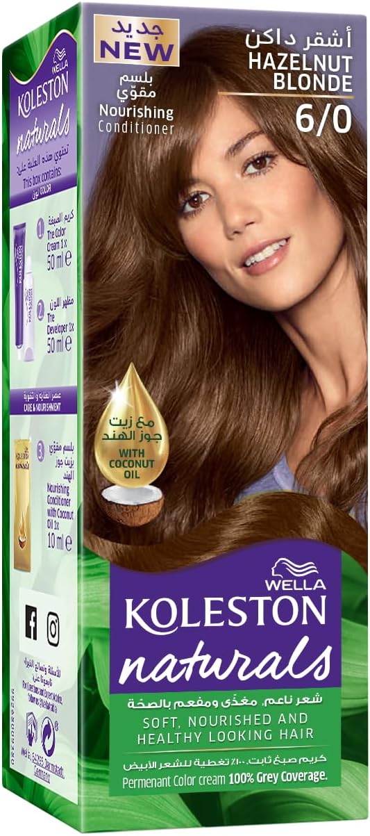 Koleston Naturals – Long-Lasting, 100% Grey Coverage, with Coconut Oil for Nourished Hair Color – Hazelnut Blonde 6/0