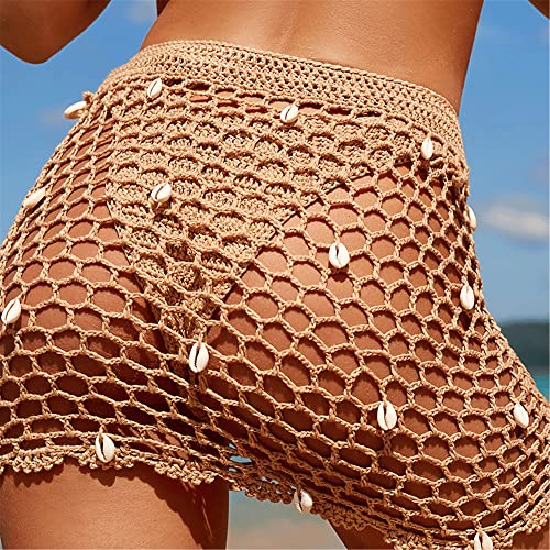 Women's Pure hand Crochet Hollow Out Shell Khaki Swimwear Swimsuit Cover Up Beach Skirt.(SJJ71)3