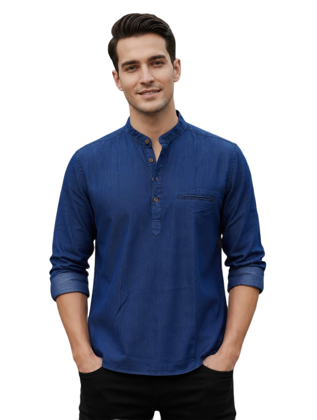 amazon brand - inkast Men's Denim Kurta Shirt | Solid Mandarin Collar Casual Kurta for Men | Full Sleeve Regular Fit Denim Short Kurtas | Stylish Ethnic & Casual Wear for Festive, Office-picture-21