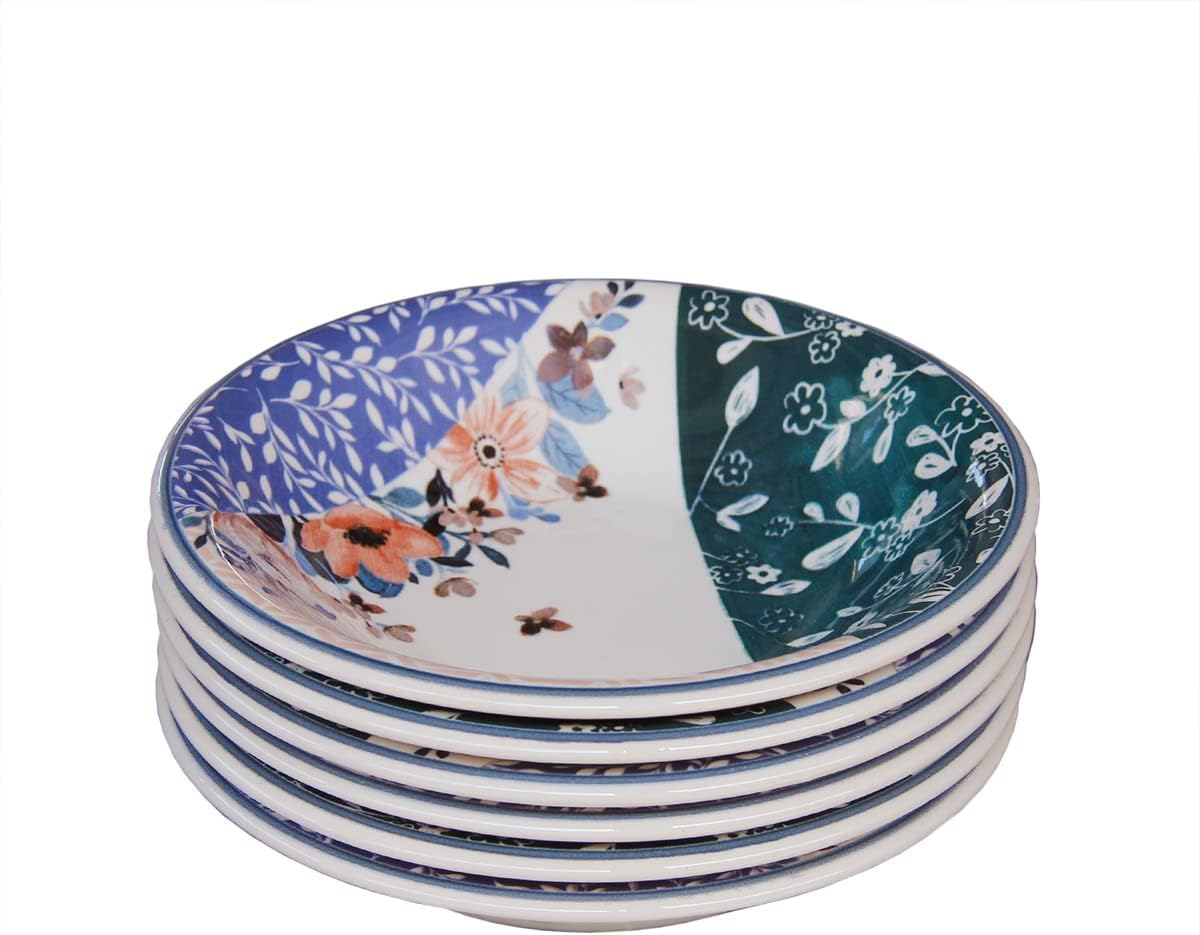 Wald Colección de mesa de platos llanos, hondos, frutas, ensaladera y plato de cerámica, decoración acuarela, lavables en lavavajillas (plato hondo – 6 unidades)
