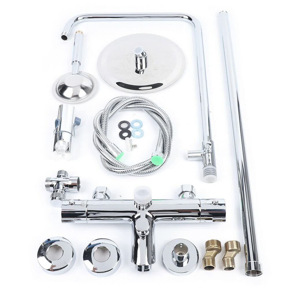 Thermostatisches Duschsystem mit 38°C Sicherheitssperre, Brausethermostat, Brausegarnitur, Kopf- und Handbrause, Duschsäule, Höhenverstellbare Edelstahl-Brausegarnitur, Regenbrause für Badewannen