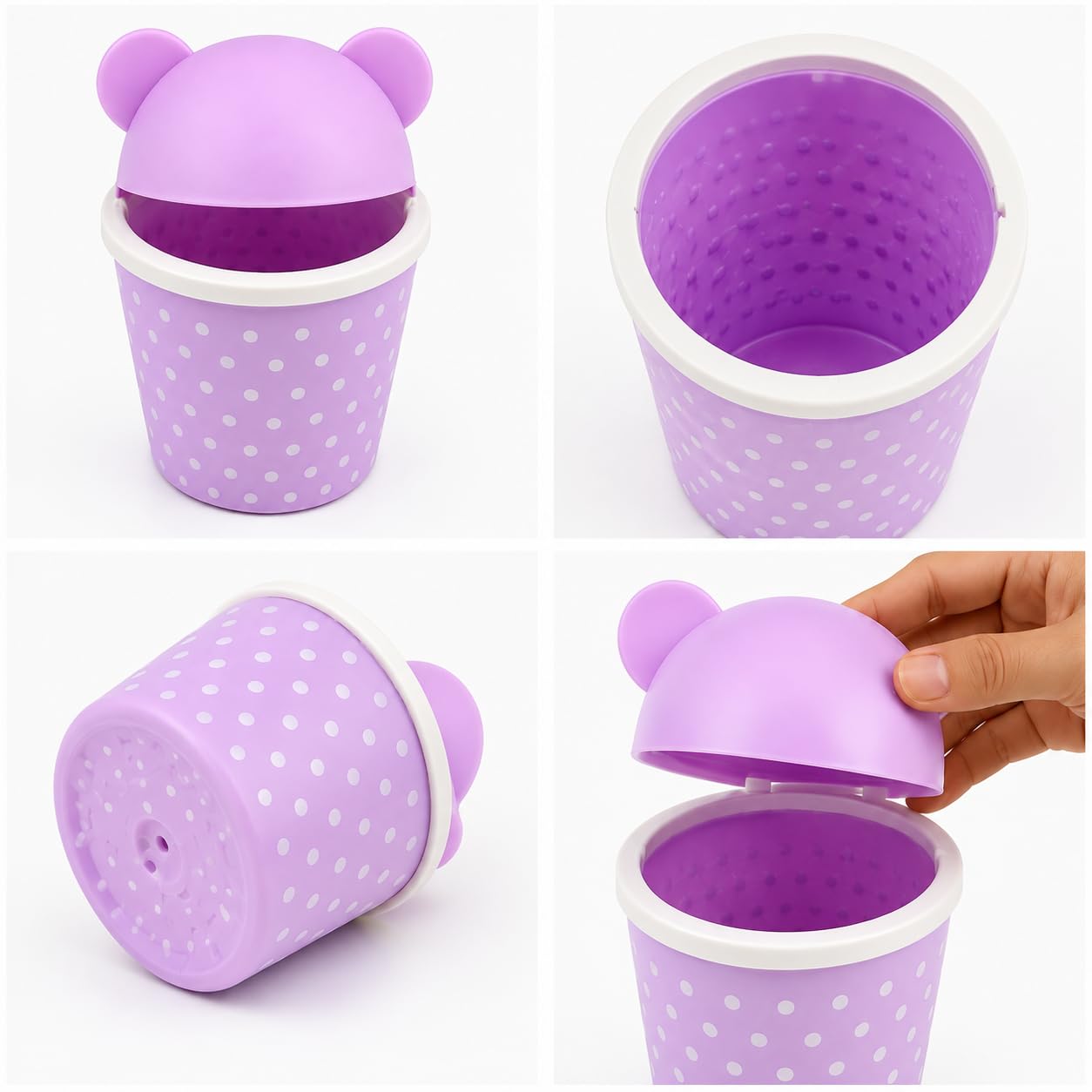 Cute Mini Desktop Dustbin with Bear Design Lid, Purple, Polka Dot, 17.5 x 12.5 cm, for Office, Study Table & Bedroom-image-5
