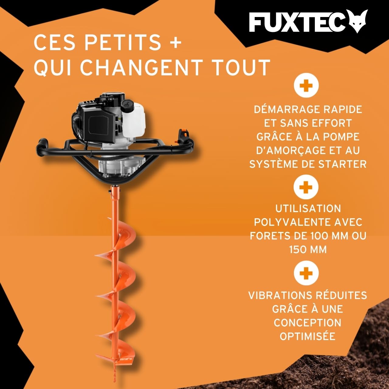 FUXTEC Tarière Thermique FX-EB143ECO - Moteur 2 Temps 42,7cm³ 1,25kW - Idéale pour la Plantation et Clôtures - Réducteur Intégré - Ergonomique & Compact - Forets Ø100/150mm Inclus – Réservoir 1L