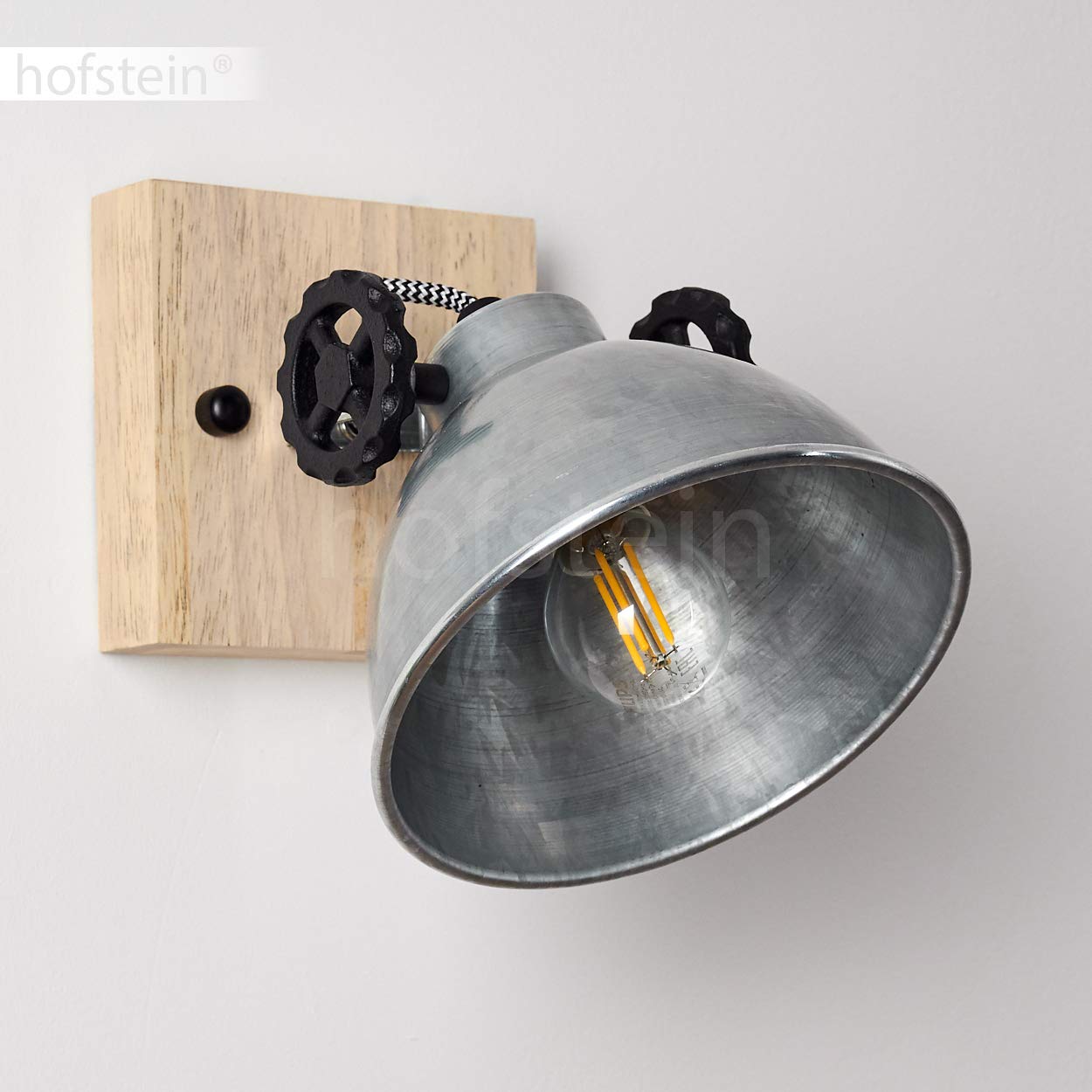 Lampada da parete Svanfolk, lampada da parete in metallo e legno in argento/marrone, 1 luce, con faretto regolabile, 1 attacco E14, design retro/vintage, senza lampadina/e