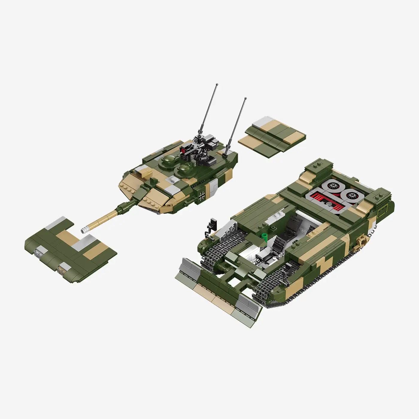 BlueBrixx Pro 109783 Kampfpanzer Leopard II PSO, 1292 Klemmbausteine | 312 x 140 x 165 mm, Tarnoptik in Grün und Beige, breites Frontschild, zwei Antennen, kompakte Sammlergröße