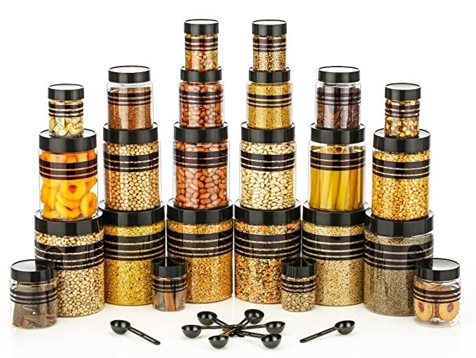 ReeQ Plastic Storage Containers Jars with Plastic Cap - 100% Food Grade, Airtight, Leak Proof (24 Pcs - Black)