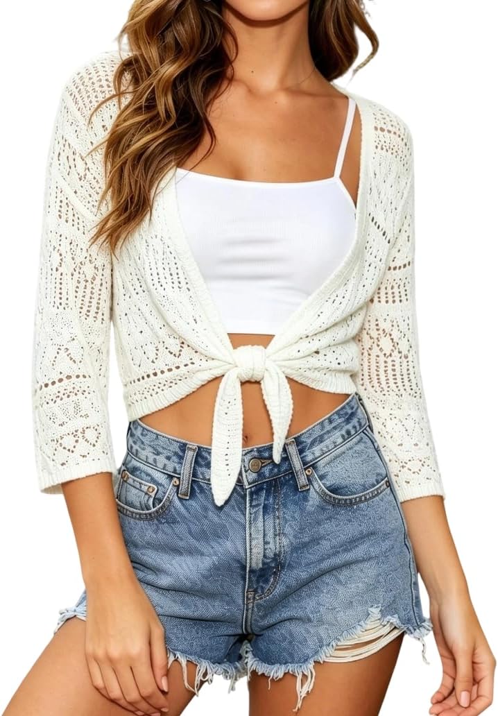 Spicy Sandia Tie Front Sheer Shrug 3/4 Sleeve Cropped Crochet Cardigan for Summer Lightweight