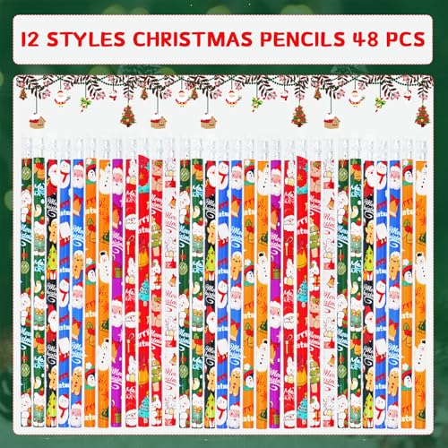 48 lápices de Navidad con borrador, pack de madera miniatura 3
