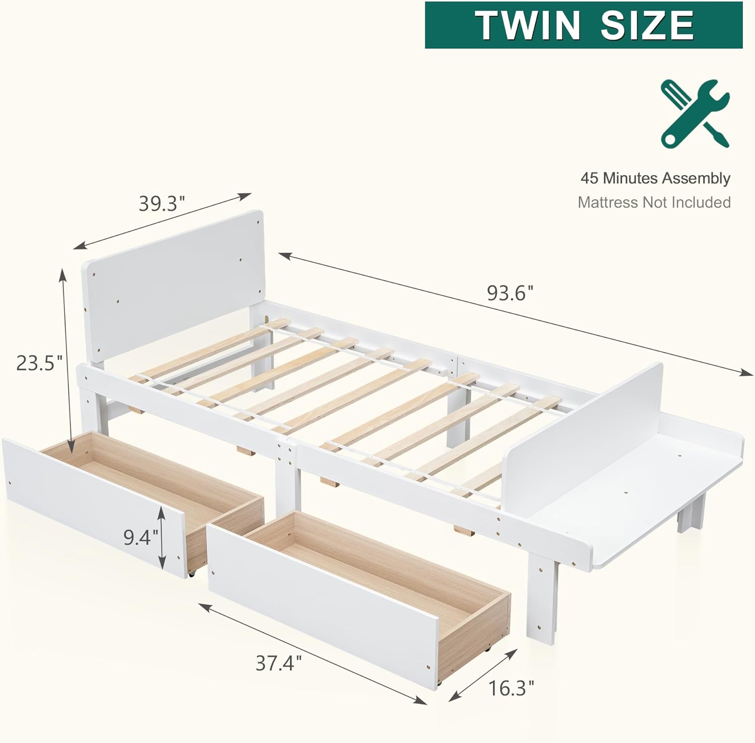 Diagram showing the dimensions of the Dolonm Twin Bed Frame: 93.6 inches length, 39.3 inches width, 23.5 inches height. Also indicates 45 minutes assembly time and that mattress is not included.