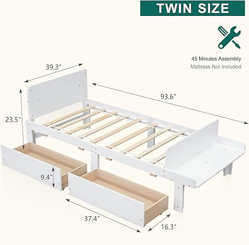 Miniatura 2 de Dolonm Base de cama individual para niños con 2 cajones, plataforma de almacenamiento con banco de estribo, marco de cama individual para niños,