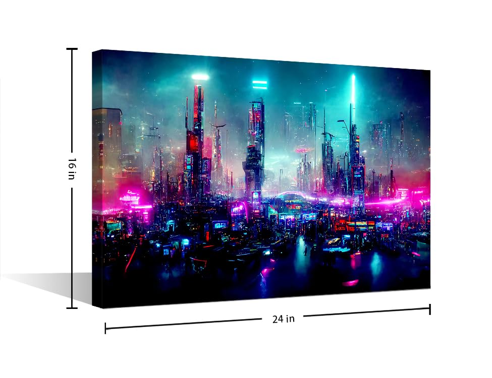 Cyberpunk Style Modern Wall Art Futuristic Cyberpunk City Full of Neon Lights at Night Picture Contemporary Artwork Print On Canvas Cyberpunk City Bedroom Wall Art Framed Ready to Hang - Image 2