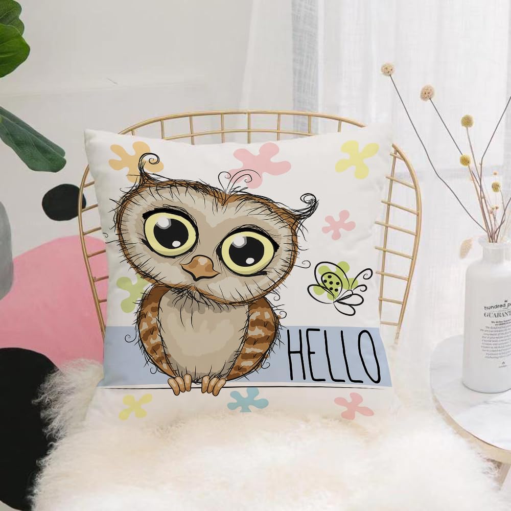 HYMSXW Cushion Cover,Throw Pillow Case Home Decorative for Living Room Bedroom Sofa Chair 20X20 Inch,Cute cartoon owl and a butterfly on a floral background,Pillowcase 50X50cm