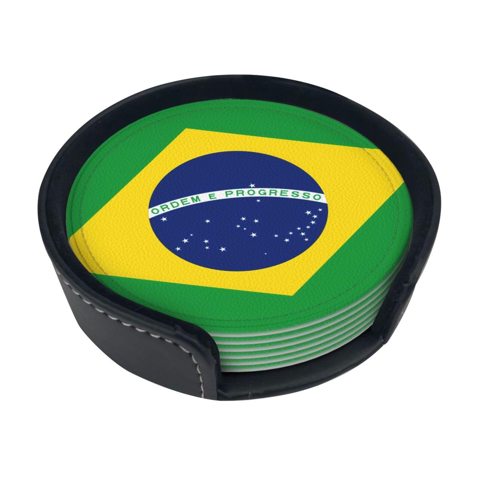 Dlxw White Brazilian Flag 6 Piece Leather Coaster Set, Perfect Housewarming Hostess Gift, Protects Furniture From Water Damage And Scratch Damage One Size