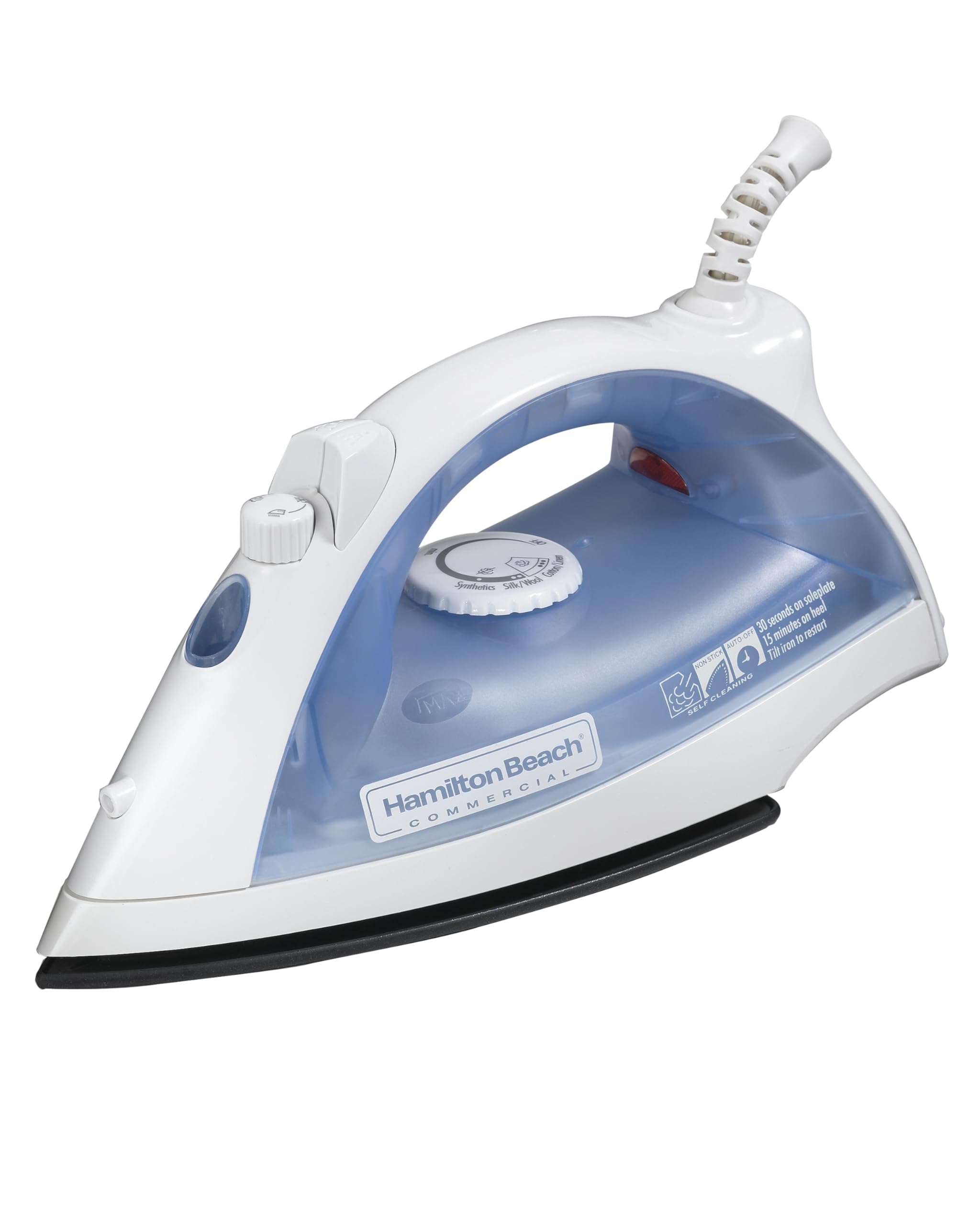 Plancha de vapor comercial ligera Hamilton Beach con apagado automático de 3 vías y suela antiadherente HIR200R blanca y azul