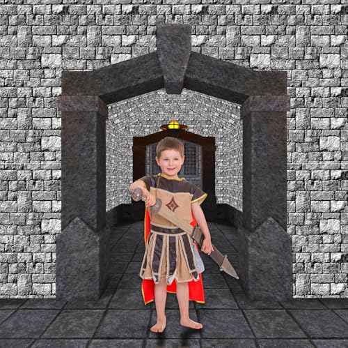 Image of party greeting Brick Stone Wall Tablecloth Roll Disposable Stone Wrapping Plastic Table Cover Castle Backdrop for Halloween Western Birthday Medieval Party Decoration Favors Supplies 100FT x 51 Inch