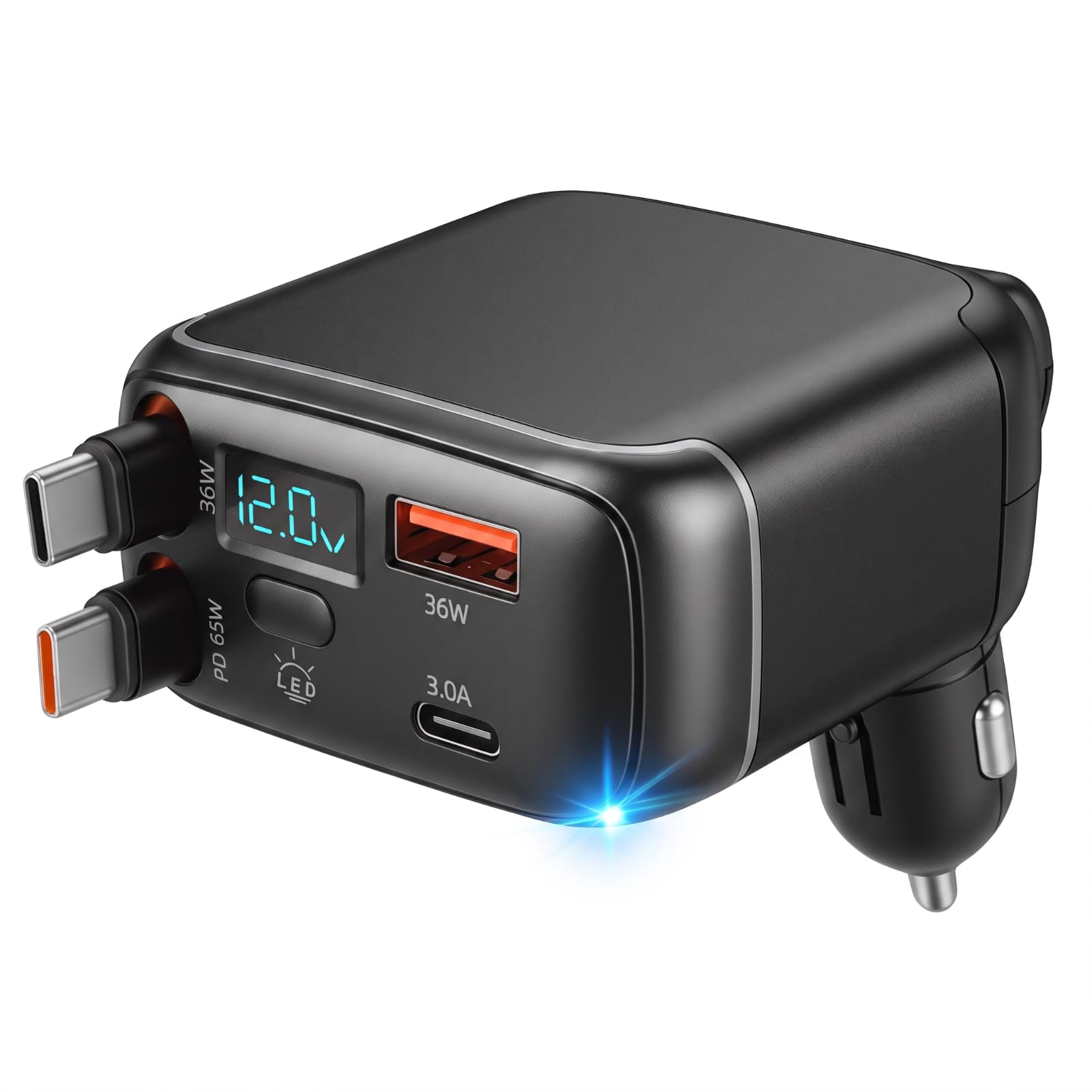Caricabatterie per Auto Retrattile Ricarica Rapida Efficiente 4 in 1 per Telefoni Tablet Laptop PC ABS Lega di Alluminio