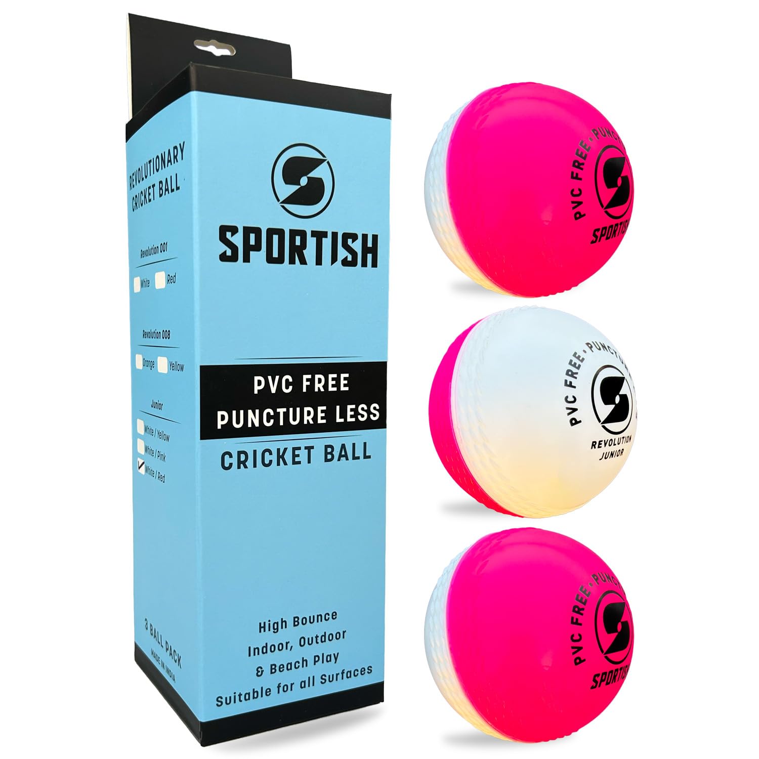 SPORTISH Junior Cricket Ball Pack of 3 - White Pink PU Training Net Balls