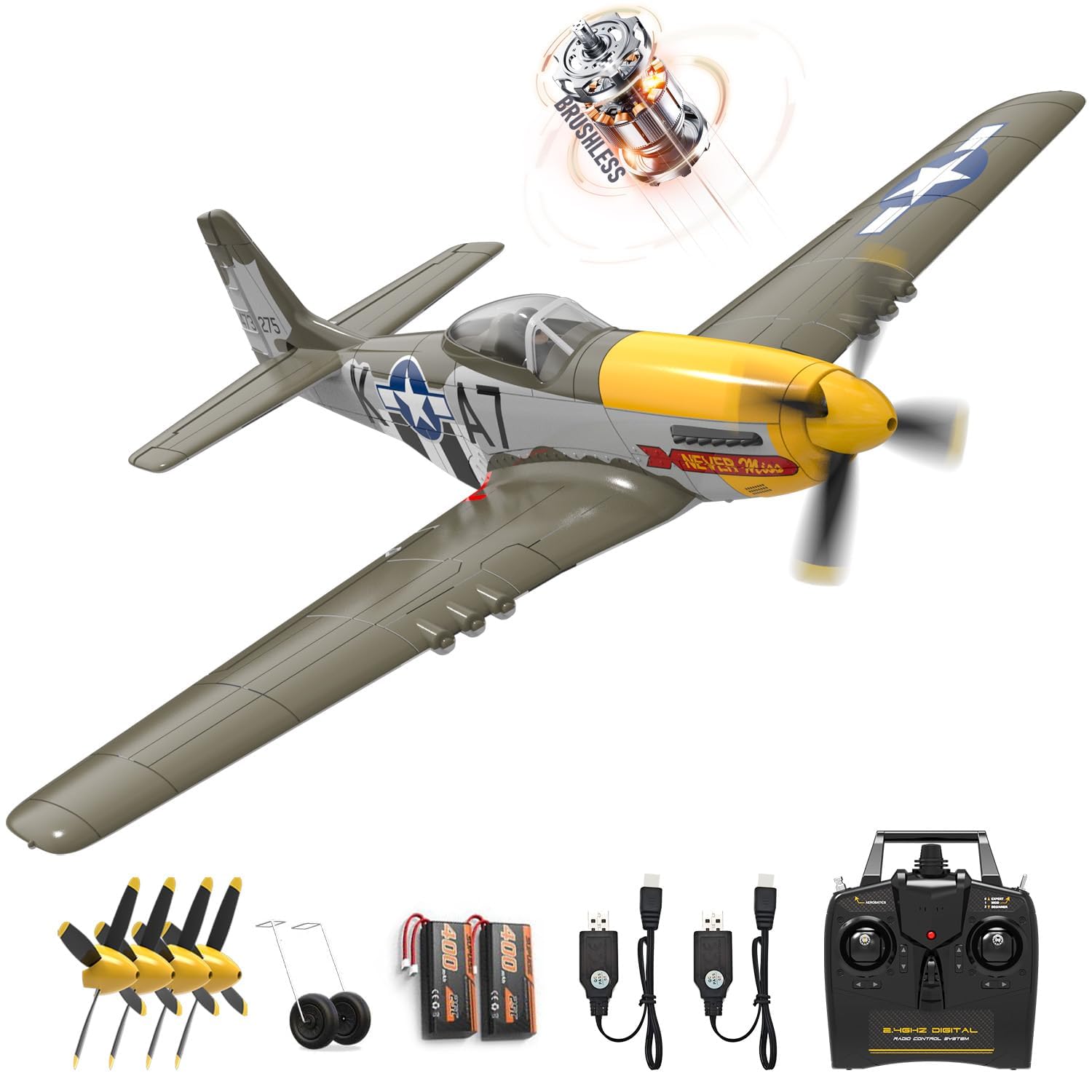 VOLANTEXR Brushless 4 Channel RC Plane - P51 Mustang RC Airplane with 3D Aerobatic & XPilot Stabilizer, Fast RC Plane for Adlut & Advanced Pilots, 20inx16in