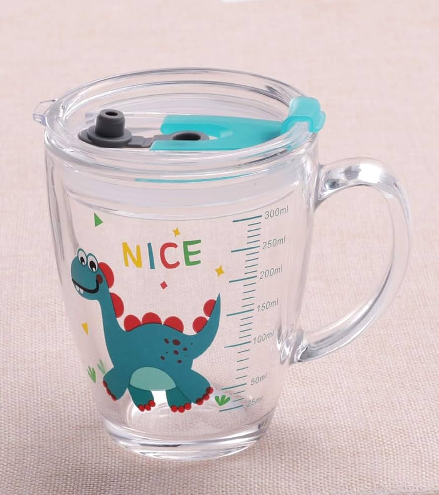 Kids Milk Measuring Cup With Straws And Lids Tempered Glass Cups Dinosaur Giraffe 350ml Scale Measure Mug Heat-Resistant Transparent Drinking Glasses
