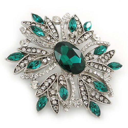 Avalaya Stunning Bridal Emerald Green, Clear Austrian Crystal Corsage Brooch In Rhodium Plating - 60Mm Length #TOP4