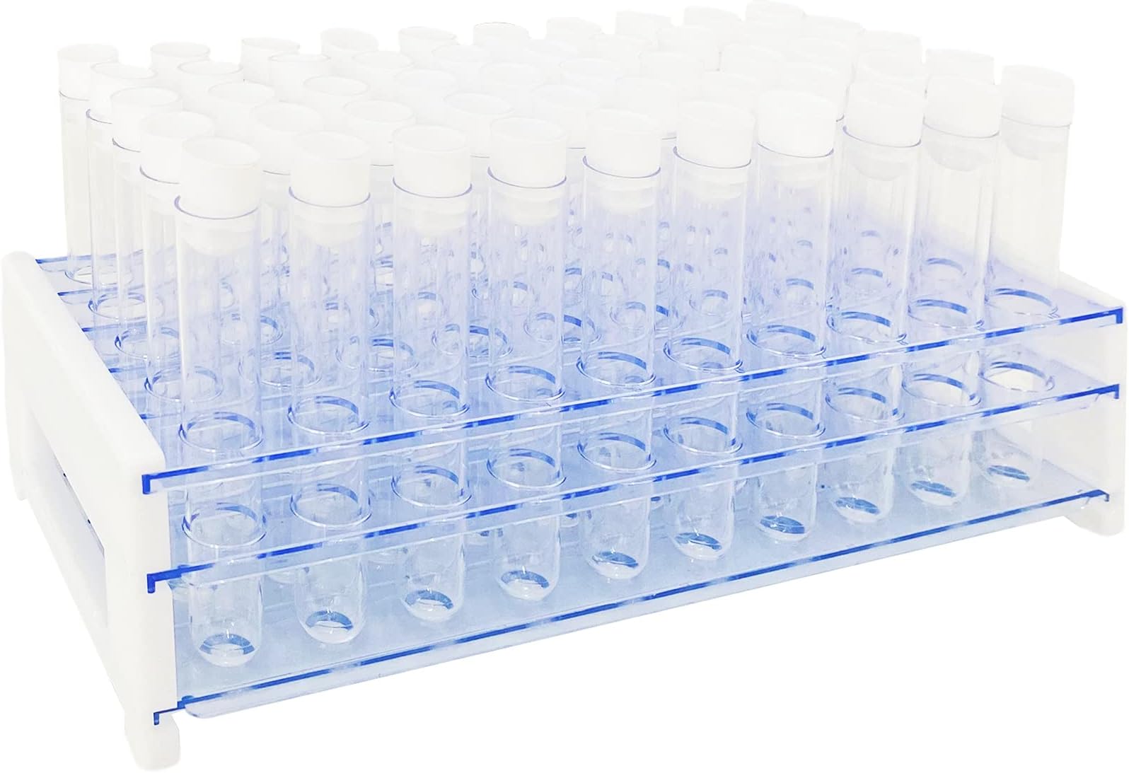 50Pcs Clear Plastic Test Tubes with Rack,16x100mm(10ml) Test Tube with Caps and 50 Holes Tubes Rack for Scientific Experiments,Party,Decorate The House,Candy Storage