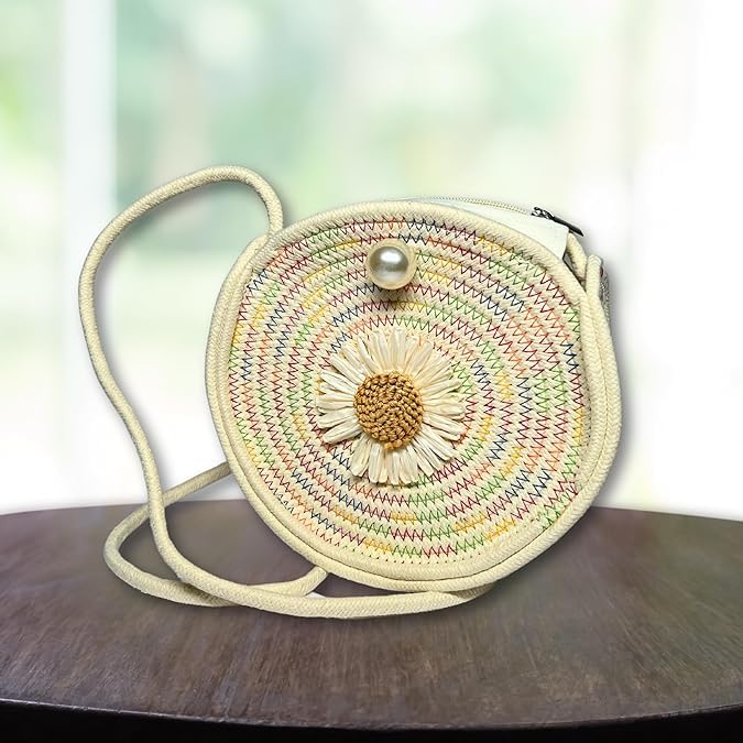 Image of Classy Bag Round Straw Crossbody Bag for Women - Woven Circle Purse with Daisy Flower Design and Pearl Clasp - Boho Summer Handbag