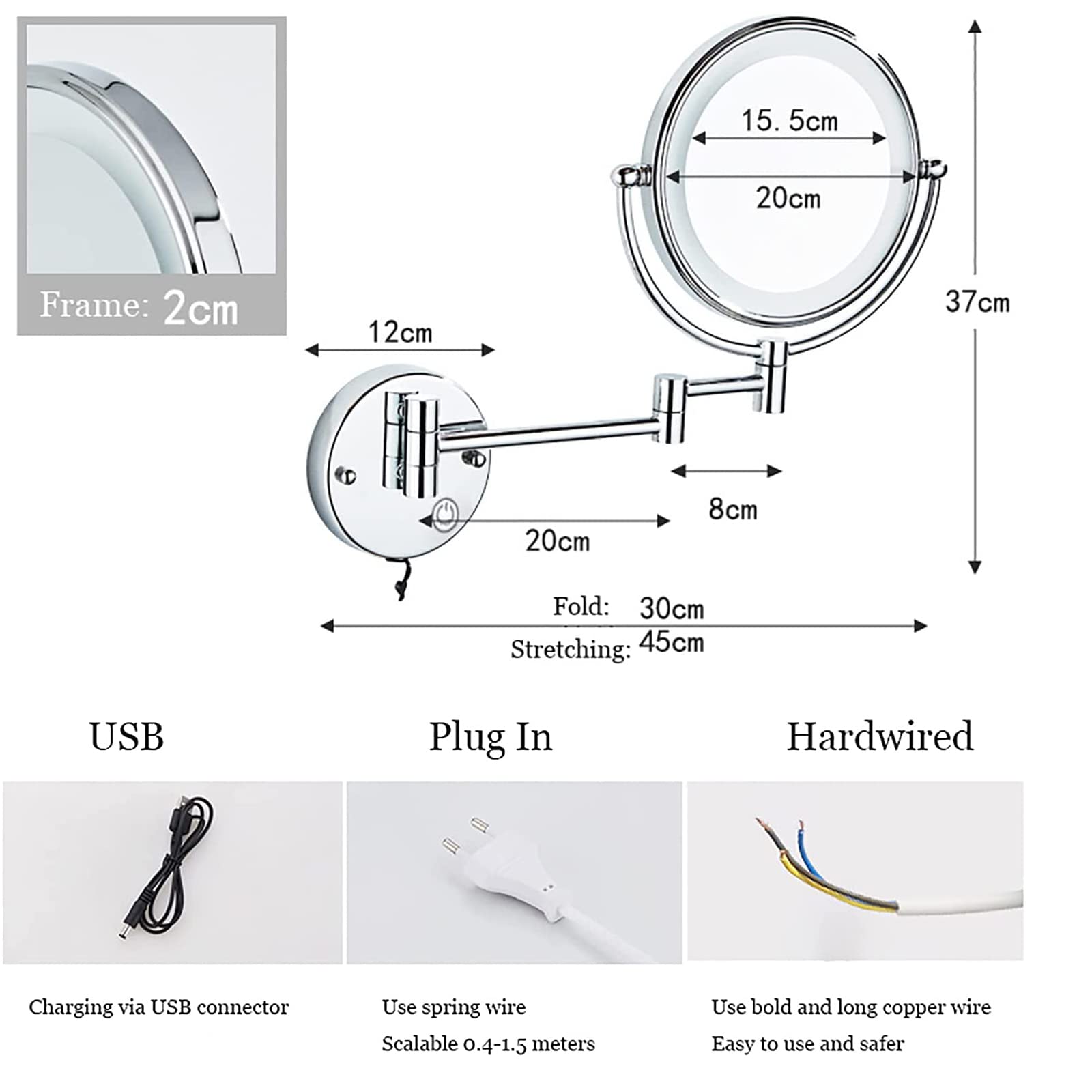 Specchio per Il Trucco a LED dimmerabile con luci e ingrandimento 1X/10X, Specchio da Bagno Estensibile a Doppia Faccia Cromato con Illuminazione Integrata e Ricarica USB.