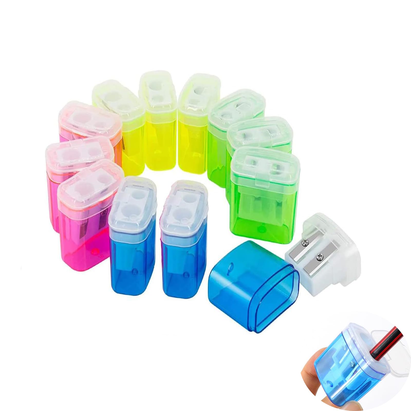 Yeenano Pencil Sharpener with Container,12 PCS Sharpener with Tin,Small Sharpeners Container,Children's Sharpeners,Double Hole Pencil and Manual Pencils SchoolOffice Supplies (Multicolour)