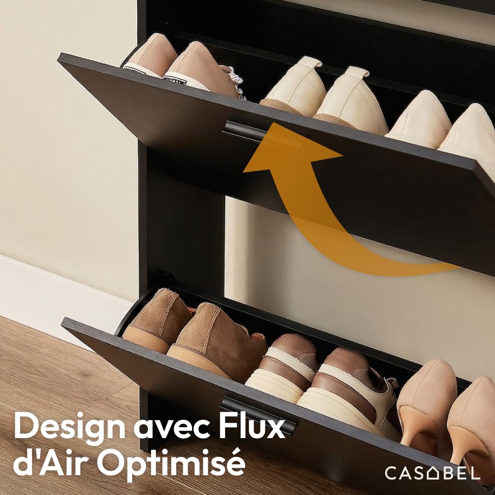 CASABEL Meuble à Chaussures 15 Paires, Portes et Cadre Noir | Rangement chaussures, 5 Abattants, Compartiments rabattables, Format étroit, Gain de place, Design moderne, Montage facile
