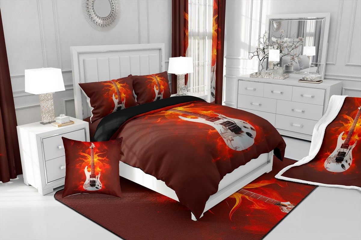 Set di biancheria da letto in 100% cotone con motivo chitarra elettrica 3D, per ragazzi e ragazzi, motivo musica hip hop, in morbida microfibra, decorazione per camera da letto